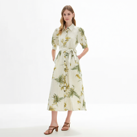 Robe midi pour femme personnalisée, vert ivoire, à rayures et imprimé botanique, col chemise, manches bouffantes, boutonnée sur le devant, taille nouée, coupe trapèze, vente en gros