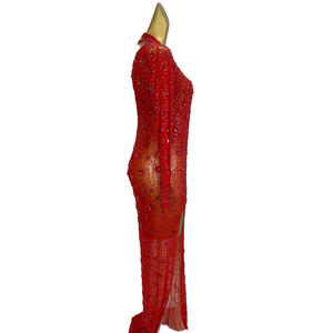 Vestido largo de manga larga rojo para Banquete de cumpleaños con diamantes de imitación, traje de Club para mujer, vestido de noche ajustado hasta el suelo con abertura para graduación - Product Image 3