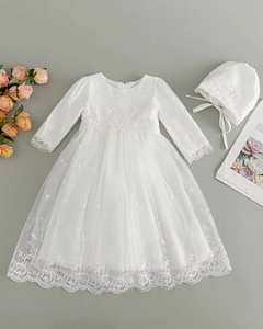 ملابس حديثي الولادة، فستان أبيض طويل الأكمام منفوش لحفلات التعميد وأعياد الميلاد للفتيات من عمر 0-12 شهرًا - Product Image 1