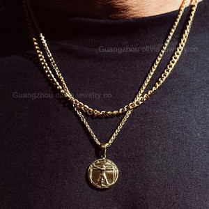 สร้อยคอสเตนเลสวินเทจสำหรับผู้ชาย,สร้อยคอวิทรูเวียนชุบทอง18K พร้อมจี้เหรียญทรงกลมแกะสลัก - Product Image 6