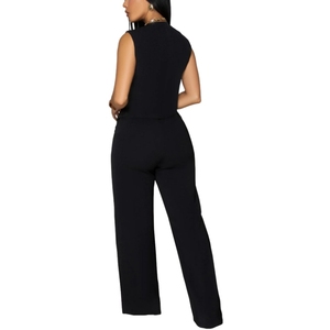 ชุดเซ็ตสองชิ้น เสื้อแขนกุดคอวีติดกระดุมสีพื้นเรียบง่ายและกางเกงขายาวสำหรับผู้หญิงแฟชั่น - Product Image 2