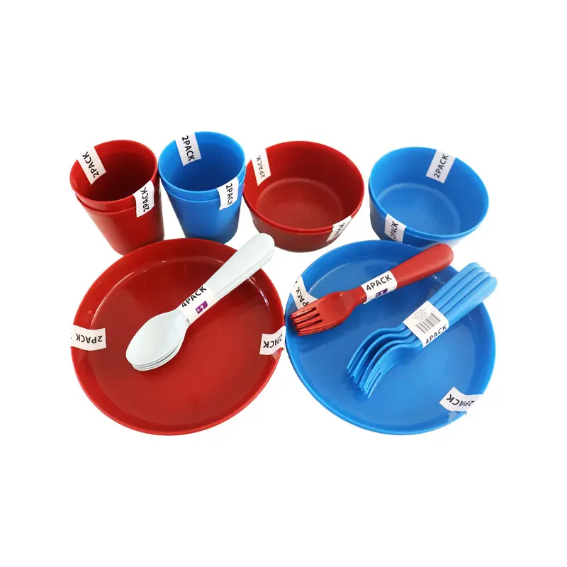 4 PCS食器セットプラスチックピクニック食器セットプレートボウル皿ナイフフォークスプーンカップ