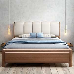 Khung giường nữ hoàng kiểu Trung Quốc mới mềm mại cho phòng ngủ Golden Walnut giường gỗ rắn hiện đại 1.8m giường đôi với hộp lưu trữ cao - Product Image 5