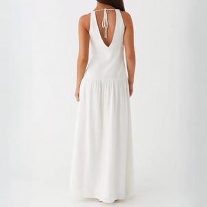 Robes d'été décontractées et personnalisées <span class=keywords><strong>en</strong></span> coton et <span class=keywords><strong>lin</strong></span> pour femmes Écologique Lavable Taille tombante Col rond sans manches Ceinture dos nu Maxi - Product Image 4