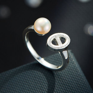 Stylish Pig Nose Open <b>Ring</b> Freshwater Pearl Adjustable Index <b>Finger</b> <b>Ring</b> Geometric Shape Tension Setting Gift Jewelry - Product Image 1