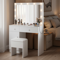 Coiffeuse moderne en bois massif avec miroir, 11 lumières LED, prise de courant, meuble de rangement pour maquillage, tiroirs et chaise, blanc, pour chambre à coucher