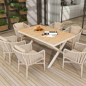AJUNION Aluminium Tuinmeubilair 6-persoons Eettafelset Kunststof Houten Blad Eettafel Kunststof <span class=keywords><strong>Rattan</strong></span> Armstoel Tuin Eettafelset - Product Image 4
