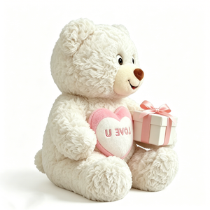 ตุ๊กตาหมีสีขาวแบบกำหนดเองพร้อมกล่องของขวัญริบบิ้นสีชมพู ปักลาย LOVE U รูปหัวใจสีชมพูที่อก นั่งอยู่ในกล่อง - Product Image 1