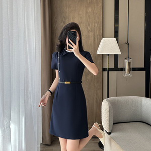 Women's Professional Dress A-Line Peter Pan Collar Black Woven Fabric For Work Commuting Summer Career Wear - Product Image 4