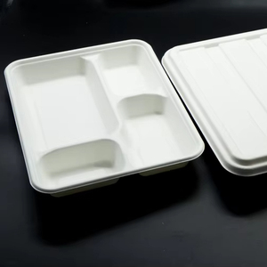 4 Compartment Eco-Friendly Compostable Bagasse <strong>Disposable</strong> <strong>Plates</strong> with Lid and Dividers for School Lunches &amp; Takeaway - Product Image 6