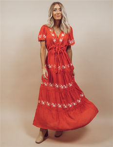 2022 Summer <strong>Retro</strong> Elegant Women Short Sleeve V Neck Floral Embroidered Vintage <strong>Dresses</strong> - Product Image 4