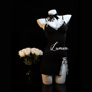 Lingerie rouge sexy avec bretelles à nœud papillon, chemise de nuit en dentelle et tissu transparent, pyjama confortable - Product Image 2