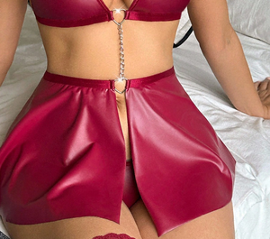 Ensemble de lingerie sexy en cuir rouge pour femmes, pur désir, ensemble de lingerie amusant en cuir, jupe sexy, uniforme de tentation, ensemble de lingerie trois pièces - Product Image 2
