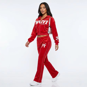 Baddie Style Custom Logo <b>Red</b> Velvet Tracksuit Women Y2K Streetwear Puff Print Cropped Zip Up Hoodie <b>Flare</b> Sweatpants Set - Product Image 1