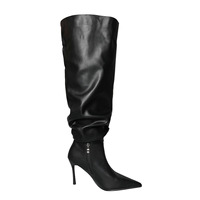 Bottes hautes pour femmes Xinzirain personnalisées, en cuir véritable noir, à bout pointu, coupe ample, talon aiguille de 8 cm, pour l'hiver