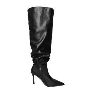 Bottes hautes pour femmes Xinzirain personnalisées, en cuir véritable noir, à bout pointu, coupe ample, talon aiguille de 8 cm, pour l'hiver - Product Image 1