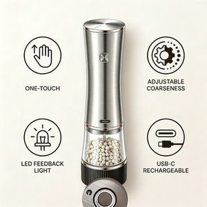 Rechargeable Stainless Steel Salt and <b>Pepper</b> Mill Set with White LED Light Portable Design for Chefs - Product Image 2