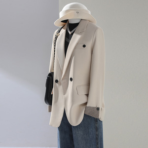 Women's Blazer Off White Loose Fit Solid Color <b>Wool</b> Blend Casual Suit Jacket With Pocket General Purpose Type GDX908 - Product Image 1