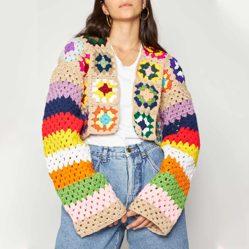 OEM & ODM Summer Custom Retro Color Hollow Out Knit Square Hand Crochet Cropped Sweater Women Cardigans