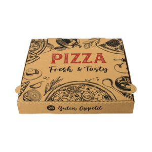 Hypafol Pizza Doos 100 Stuks 28x28x4cm Extra Ventilatiegaten Verfijnde Vouwbaar Voedselveilig Gerecycled Karton Bruin Verschillende Maten - Product Image 1