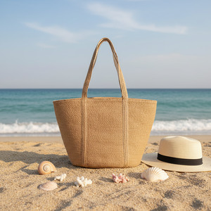 Sac fourre-tout écologique en corde de coton grande capacité, polyvalent, avec pompon, pour les vacances d'été, en paille naturelle, sac de plage - Product Image 1