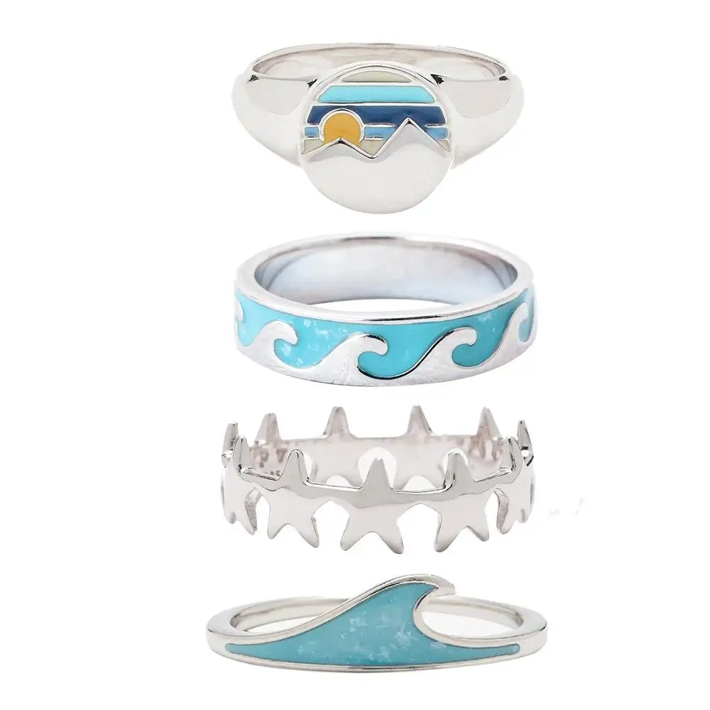 Creative Design Silver Free Size Finger Rings Cute Sky Blue Enamel Ocean Sea Wave Rings Set For Women