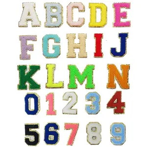 Towel Alphabet Wholesale Gold Glitter Border Iron On Letters Pink Chenille Embroidered Patches For Garment