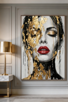 Peinture à l'huile sur toile abstraite moderne originale, faite à la main, avec feuille d'or, portrait, taille personnalisée, cadre en bois, art décoratif pour salon