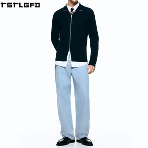 Cárdigan de punto acanalado para hombre, azul marino, corte ajustado, cremallera bidireccional, cuello alto, estilo urbano, suéteres para hombre, fabricantes al por mayor - Product Image 1