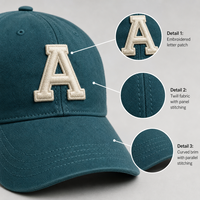 Casquette de baseball personnalisée brodée avec lettre A, monogramme initial, en sergé, visière incurvée, réglable, fermeture snapback, vente en gros, OEM, faible MOQ