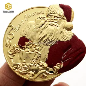 Custom Reliëf Medaillon 24K Vergulde Metalen Munt Stempelen Kerstman Kerst Munten Met Houder