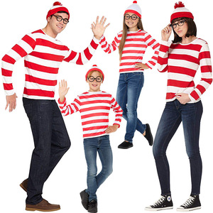 Costume de cosplay pour la semaine du livre Waldo parent-enfant, chemise à rayures, pantalon, chapeau, lunettes, kit est <span class=keywords><strong>Wally</strong></span>, costume d'Halloween unisexe pour adulte - Product Image 1