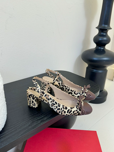 Leopard Print Cap Toe Slingback <b>Block</b> Heel Pumps with Bow Tassel - Product Image 5