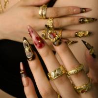 Faux ongles Stiletto rouge bordeaux effet écaille de tortue et léopard, avec dentelle noire et décorations 3D de fleurs dorées et chaînes, style rétro mature