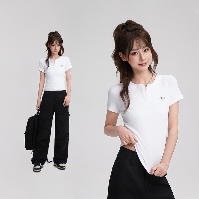 Women's V-neck Vintage Plain Cotton T-shirt Wholesale Basic Short Sleeves Tops Sports Fitness Yoga Wear Sexy Summer Clothes