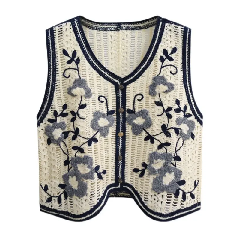 アウト刺Embroideryニットチョッキ女性春秋のための新しいショートルーズノースリーブセーターベスト