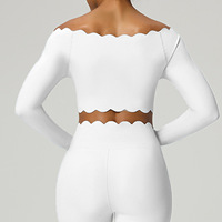 Top Deportivo Corto de Manga Larga con Hombros Descubiertos para Mujer, Tallas Grandes, con Logotipo Frontal, de Nailon y Spandex, para Gimnasio, Yoga y Ejercicio