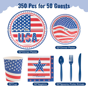 350Pcs USA Flag Eco-Friendly PET Disposable <b>Dinnerware</b> <b>Set</b> for 50 Guests Patriotic Plates Cups Napkins for 4th of July Party - Product Image 2