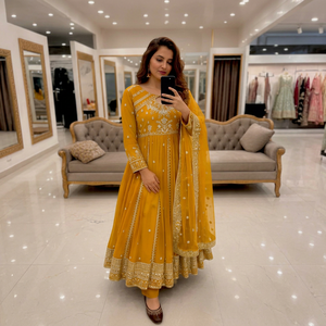 Ensemble Kurta brodé en rayonne jaune moutarde pour femme, coupe ample, style traditionnel indien pakistanais, longueur cheville, idéal pour mariage - Product Image 1