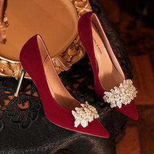 8777H-015 Pointed Toe Stiletto <b>Heel</b> <b>Red</b> Velvet Wedding Shoes With Flower Decoration Elegant Formal Dress Shoe - Product Image 2