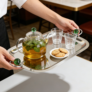 Plateau de service en <span class=keywords><strong>acier</strong></span> inoxydable poli miroir avec poignées en perles vertes - Plat rectangulaire élégant pour la maison et la restauration - Product Image 4