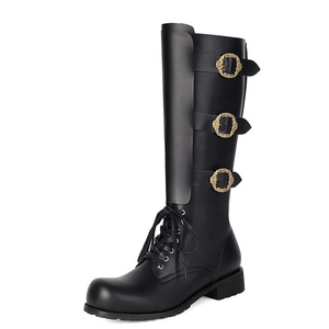 Large Size 48 Women Flat Lace up Knee High <b>Boots</b> Side Metal Buckles Round Toe Long Booties Wide Fit Low Square Heels Shoes - Product Image 1