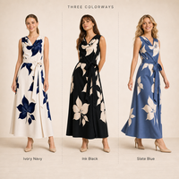 Robe midi à imprimé floral pour femmes, sans manches, col bénitier, ceinture à la taille, robe de soirée élégante