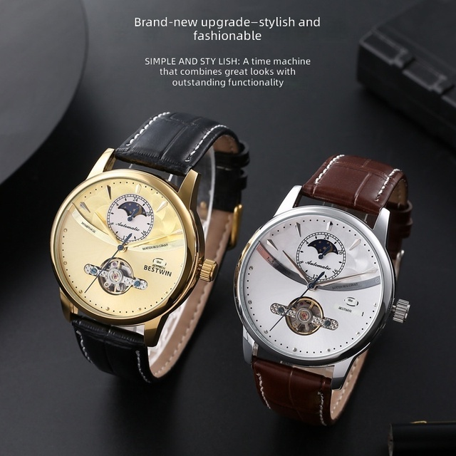 Business Casual Men's Mechanical Movement Alloy Case 30M Water Resistant Luminous Date Moon Phase Luxury Watch