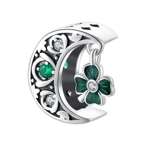 Abalorio Colgante de Plata S925 con Luna Creciente Hueca, Trébol Esmaltado y Circonita Verde, Estilo Vintage, para Pulsera de Cadena de Serpiente, Regalo para Mujer - Product Image 1