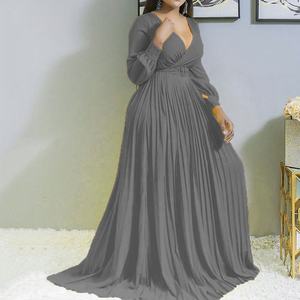 Uzun kollu uzun etek sonbahar artı boyutu elbise ve ince saf renk kadın elbiseler mizaç Retro şifon günlük elbiseler - Product Image 4