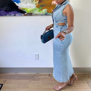 Nouvelle robe en jean sexy sans manches à col roulé et fente pour femme, tendance - Product Image 2