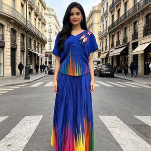 Ensemble jupe longue dégradée et haut plissé imprimé grande taille à manches courtes pour <span class=keywords><strong>femme</strong></span>, collection été 2026, style transfrontalier euro-américain - Product Image 1