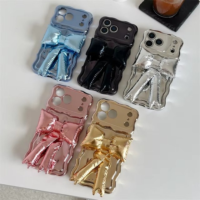 Ripples Wave Puffer Bow Mobile Phone case for iPhone 17 16 15 14 Pro Max Expansive Ribbed Gradient Electroplated DIY Girly Cover