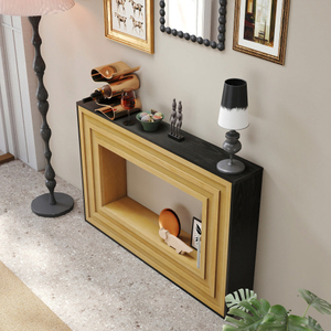 Modern Contrast Console <b>Table</b> with Layered Wood Frame and Black Top <b>Adjustable</b> Height for Living Room Apartment Use - Product Image 5